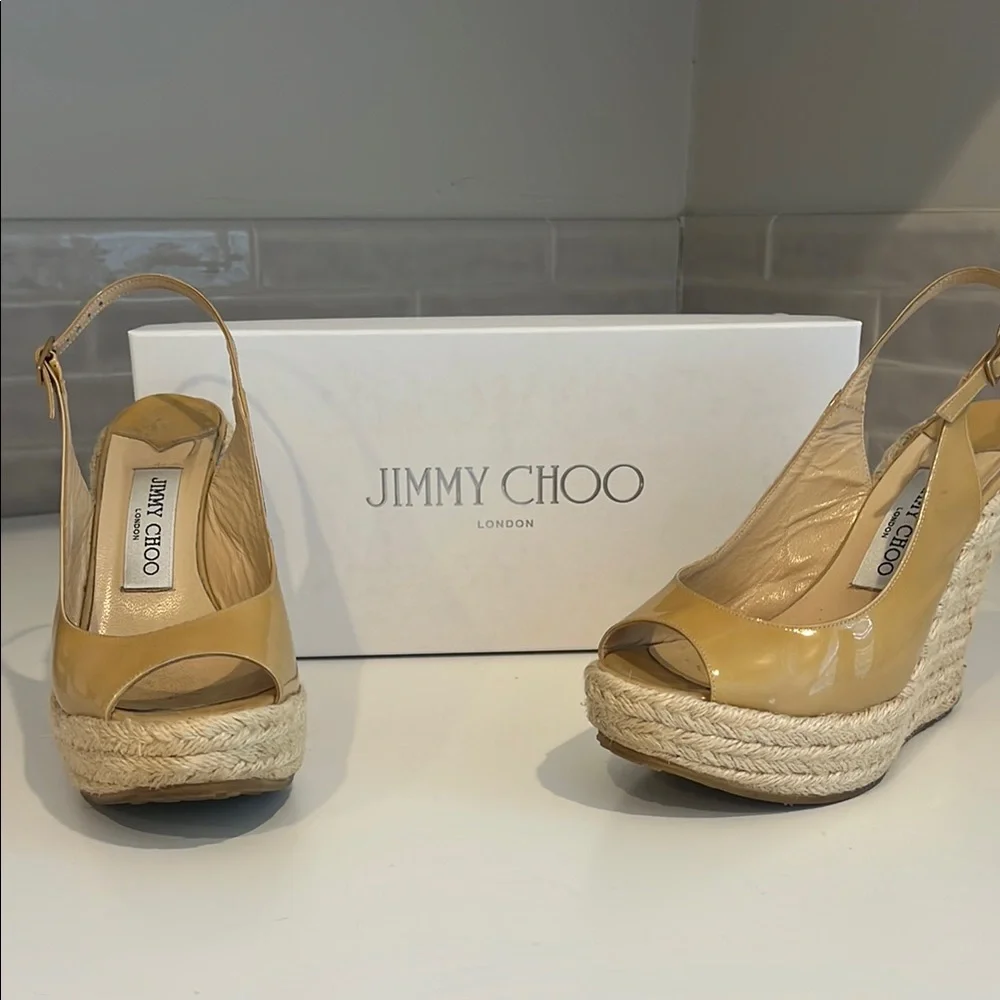 Jimmy Choo Tan Patent Leather Espadrille Wedge Sandals